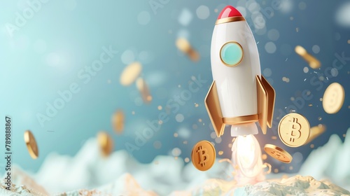 A 3D rendering of a rocket launching with flames coming from its boosters. The rocket is white with a red nose cone and has the Bitcoin symbol on its side. The rocket is ascending from a snowy mountai photo