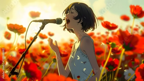 A woman singing passionately in a flower field at sunset photo