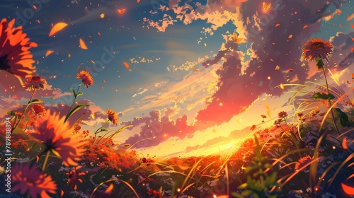 Endless flower field under a beautiful sunset, petals fluttering © Aloochan
