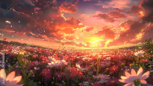 Endless flower field under a beautiful sunset
