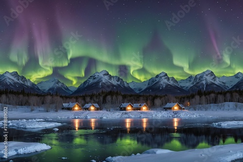Aurora Borealis over Snowy Mountain Lake Backdrop
