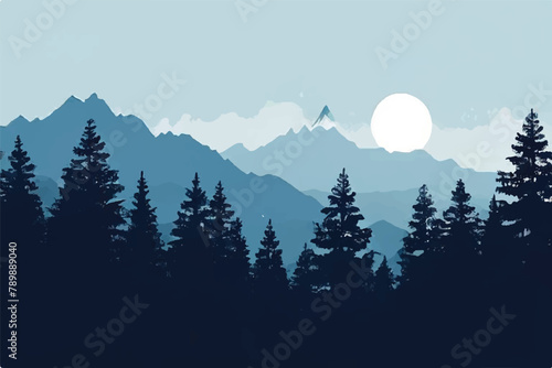 Illustration of a beautiful mountain landscape. Night scene. Beautiful landscape. Forest view in night with beautiful moon. Flat minimalistic design. Panorama of a mountain landscape. photo