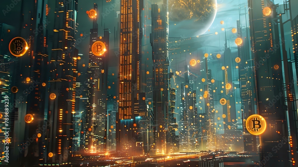 Obraz premium Wealth in the Digital Age: A Detailed Illustration of Cryptocurrency and Futuristic Cityscape