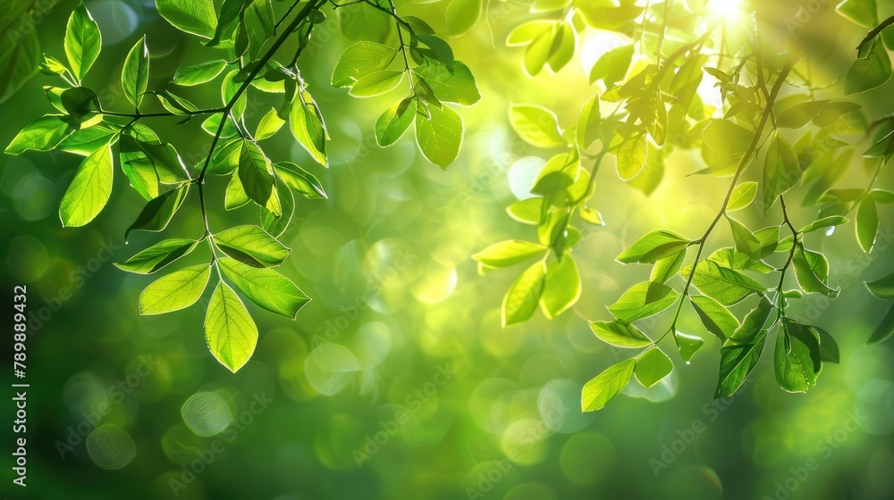 bright green foliage on a sunlit tree branch, bright green foliage on a sunlit tree branch,