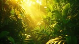 a mesmerizing portrayal of bright green foliage basking in the golden glow of sunlight, 