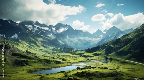 Landscape of rugged mountain peaks piercing the clouds, with lush green valleys photo