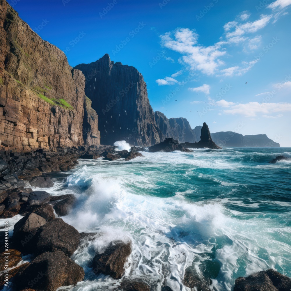 ocean, with waves crashing against the rugged coastline under a clear blue sky.