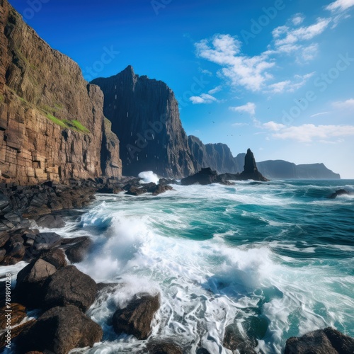 ocean  with waves crashing against the rugged coastline under a clear blue sky.