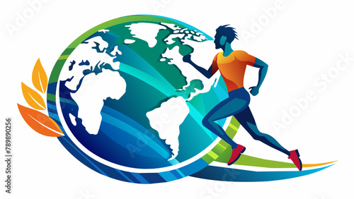 Runner with globe on white backdrop, vibrant, June 5. Global Running Day concept. photo