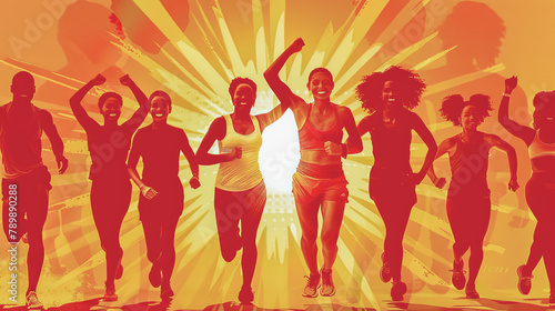 Joyful group run, sunset glow, June 5, Global Running Day concept