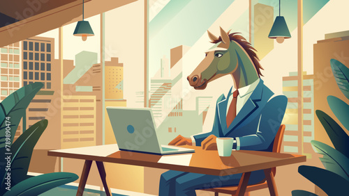 Business concept. A hyperrealistic animal image of a horse depicting an adult in a business suit working on a laptop. The concept of allegory in business. Stressful work in the office.Business work