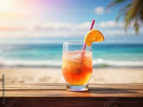 generative ai, Wooden Board juice drink With Blurred Beach and Sea Background