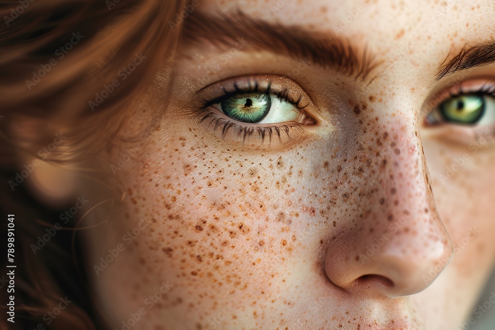 Close-up of a person's face showcasing beautiful green eyes and a multitude of freckles. Close-up of a person's face showcasing beautiful green eyes and a multitude of freckles.