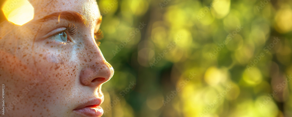 Close-up of a sunlit youthful face with freckles, showcasing natural beauty and individuality.