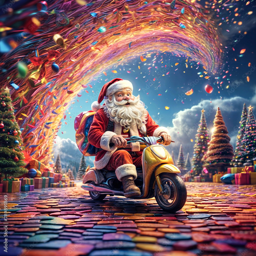 A Painting of a Santa's Glimmering Journey: Jolly Saint Nick Soars on a Prismatic Path
