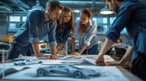 A group of people sharing a fun leisure event, sitting around a table, looking at a model car. AIG41 photo