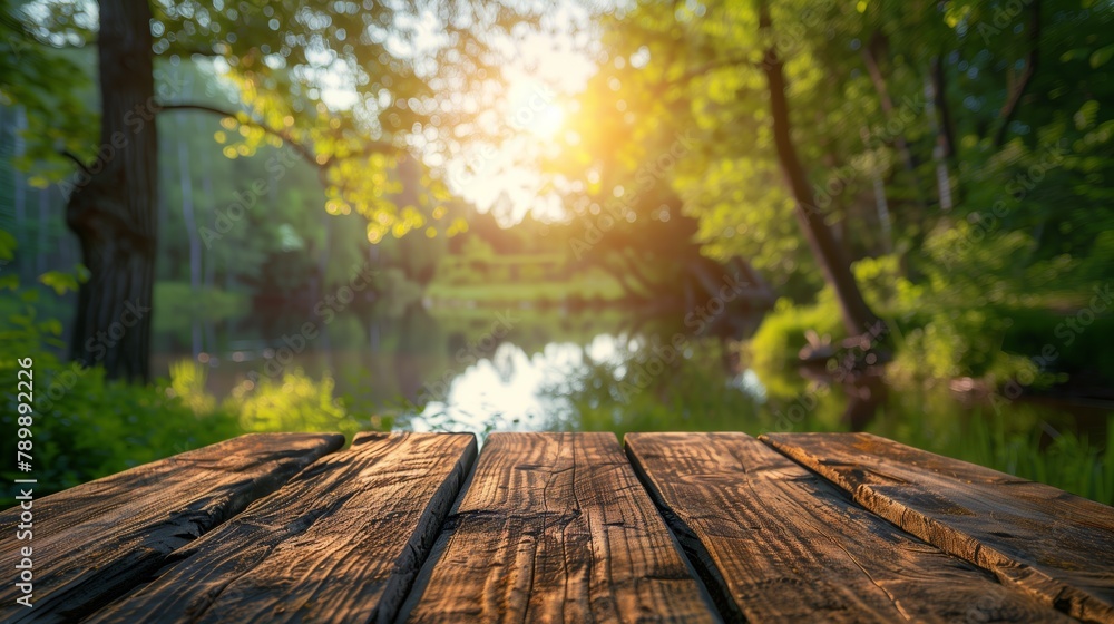 Rustic Table with Sunlight in a Forest Landscape Rustic Table with Sunlight in a Forest Landscape