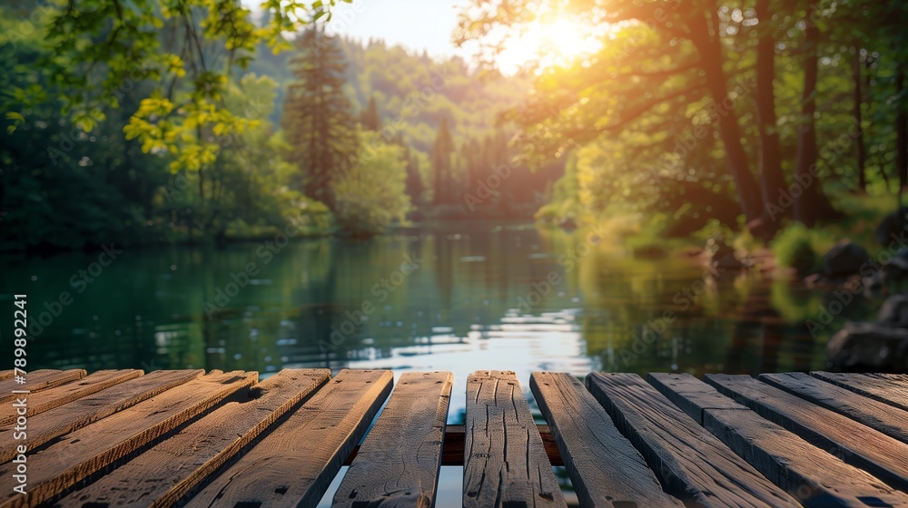 Fototapeta premium Sunset Glow over Wooden Pier by Forest Lake