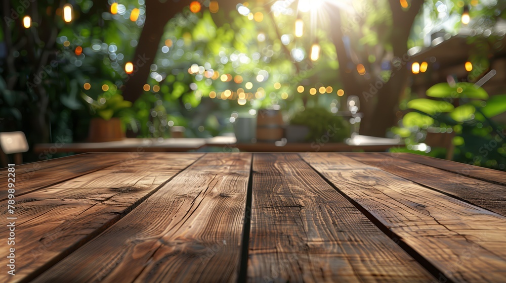 Wooden Table in Enchanted Garden with Fairy Lights Wooden Table in Enchanted Garden with Fairy Lights
