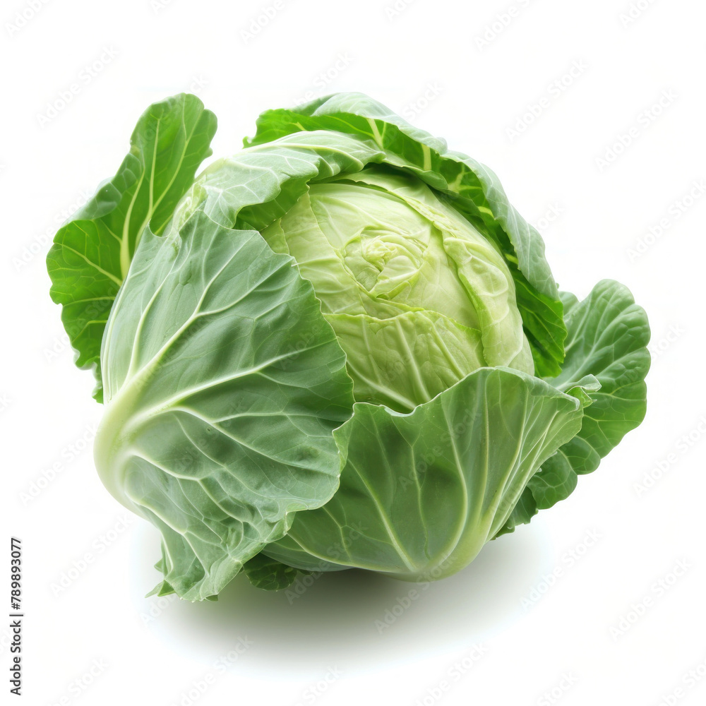 Whole Fresh Green Cabbage with Crisp Leaves Isolated on a White Background Whole Fresh Green Cabbage with Crisp Leaves Isolated on a White Background
