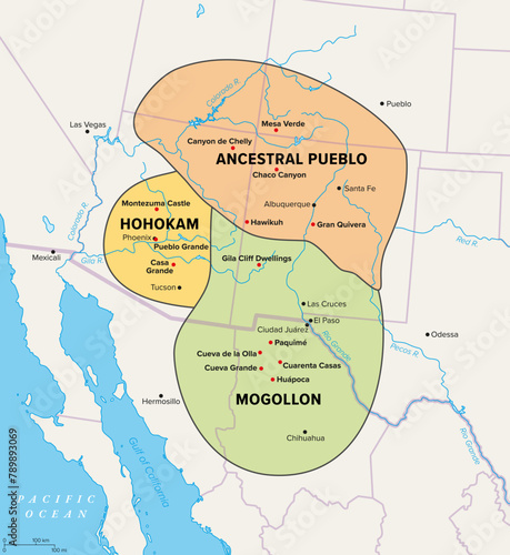 Oasisamerica, a cultural region of Indigenous peoples in North America. Political map showing the extent of three major cultures within the American Southwest and Northern Mexico with modern borders. photo