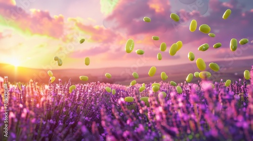 Jelly beans cascading through the air at sunset over a lavender field, giving a feeling of weightlessness photo