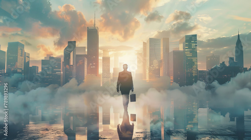 Silhouette of a businessman with a briefcase walks towards a city skyline with aura of light and energy that symbolizes success and progress of modern urban landscape of skyscrapers rising to the sky