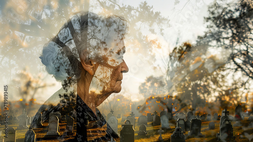 Old person thinking about death concept image with a portrait of a mature grandmother woman and view of a cemetery where she will go when she will die photo