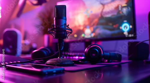 A microphone, headphones and smartphone on the table in front of an expensive monitor with games on it. The background is dark purpleblue. There's neon lighting around everything. photo