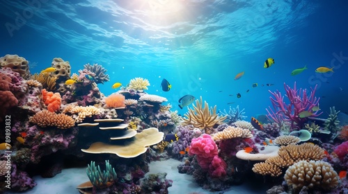 Vibrant coral reef teeming with colorful marine life, clear water showcasing an ecosystem rich in biodiversity © Suritong