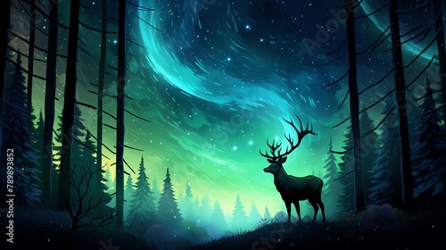 A deer in a clearing under the night sky, aurora borealis illuminating the silhouette, stars twinkling above