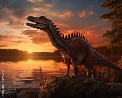 A lone Spinosaurus standing on a riverbank, scanning the horizon at dusk, vibrant colors of the setting sun in the background © Suritong