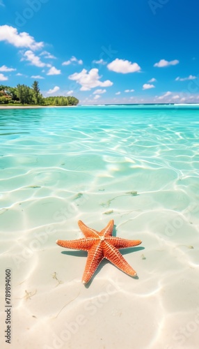 Closeup of a starfish on a tropical beach  with clear blue water and white sand  sunny day