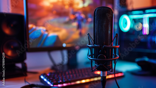 A microphone, headphones and smartphone on the table in front of an expensive monitor with games on it. The background is dark purpleblue. photo