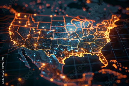 Digital Map of USA with Network Connection created with generative AI