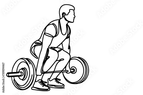One continuous black line drawing of man lifting barbel with a heavy weight bar weightlifting at gym doodle linear drawing cartoon on white background vector