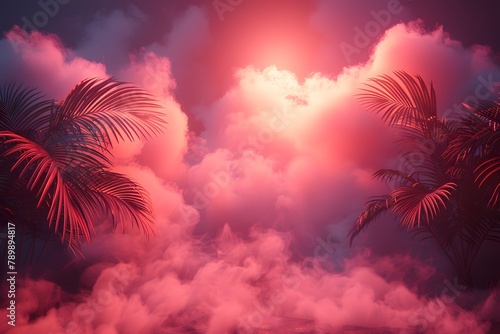 Pink Sky With Clouds and Palm Trees. Generative AI © D