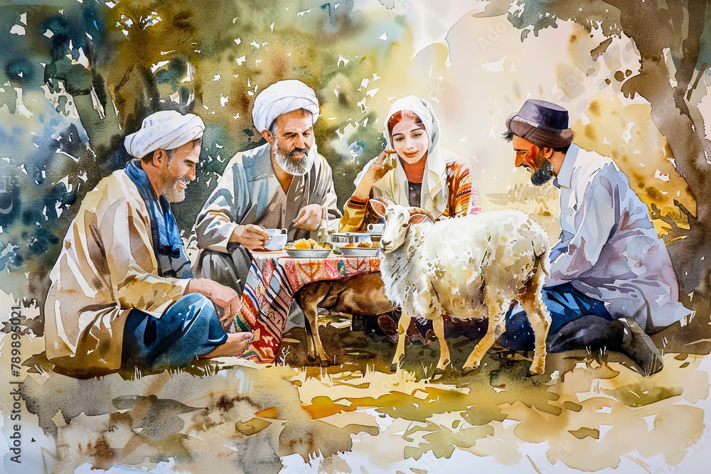watercolor illustration of a family sharing a meal during Eid al-Adha, with a ram peacefully grazing in the background, emphasizing unity and charity