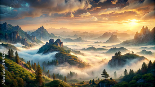 Enchanting mountainous landscape with rising fog