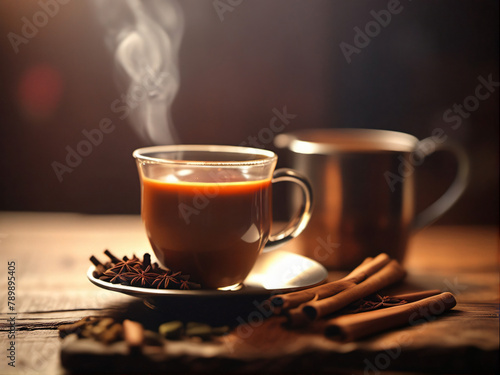 Aromatic Indian Masala tea chai a traditional  milk tea infused with ginger  black pepper  cloves  cinnamon  and green cardamom  served in a tea cup