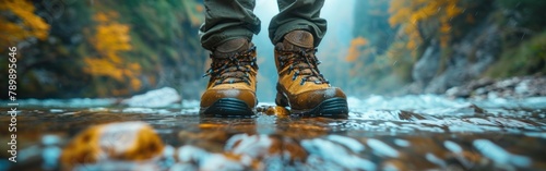 River Trekking Adventure: Hiker's View of Majestic Mountain Landscape with Close-Up of Hiking Shoes in Refreshing River Water photo