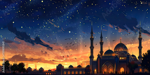 Flat illustration of the Eid al-Adha holiday against the background of a beautifully illuminated mosque and minarets under the starry sky photo