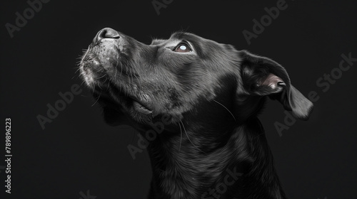 Artistic portrait of a black dog's face on dark gray background, Generative AI