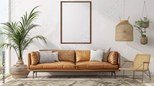 A living room with a leather couch and a plant