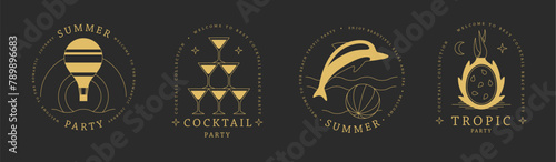 Set of line art summer icons with hot air balloon, cosmopolitan cocktail, dolphin and pitahaya. Set of summer posters. Vector illustration
