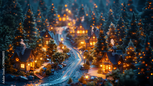 blue night,low angle,In the center winding road,cute,Create an image of a charming village scene with a soft isometric perspective. Generative Ai photo