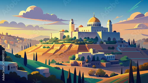 Mount of Olives: digital vector illustration in bright colors.Colorful Mount of Olives: vector illustration of architectures.Vector landscape of the Mount of Olives.made in bright colors. web design