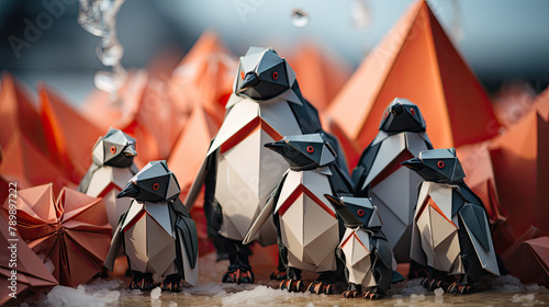 A group of penguins conducting climate research in the Antarctic, with tiny instruments, origami pastel cute photo
