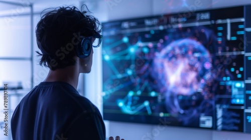 An AI researcher studying neural networks on a giant screen, in a sophisticated lab, styled as ultra-modern.