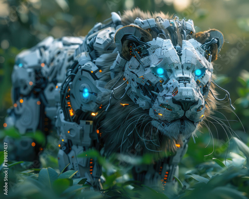 A robotic lion with a mane of fiber optic cables  prowling through an urban jungle  eyes glowing with intelligence